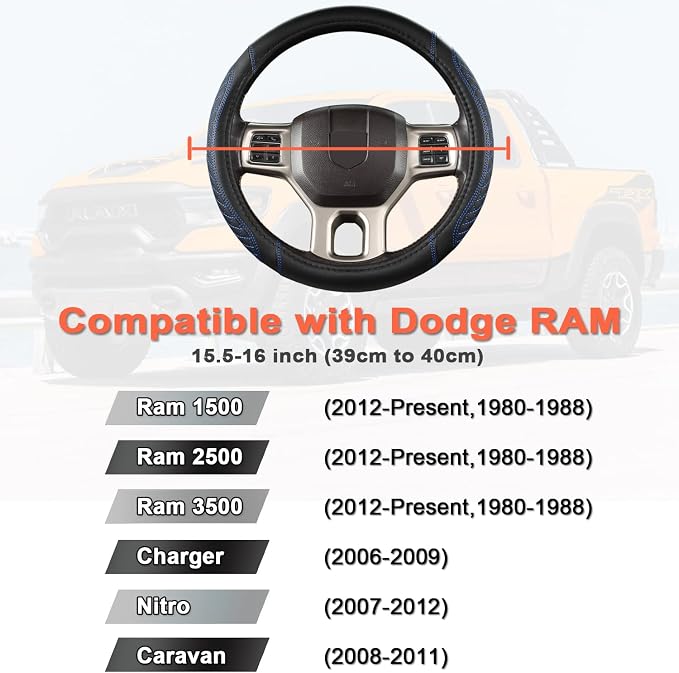 Customized Auto Car Steering Wheel Cover for Dodge RAM 1500 2500 3500, 15.5-16 inch (Diamond Quilted-Black+Blue-Large Size)