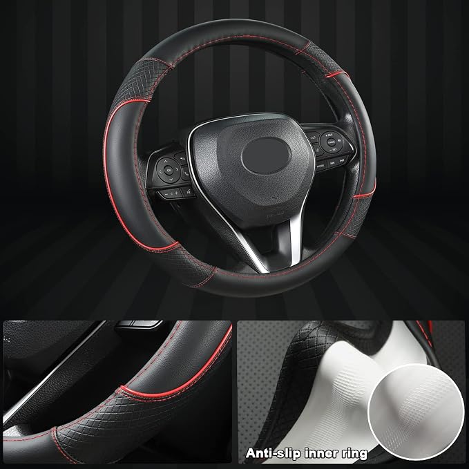 Steering Wheel Cover for Toyota, Auto Car Steering Wheel Cover for Toyota Highlander 4Runner Tacoma Corolla Camry - Black+Red Trim
