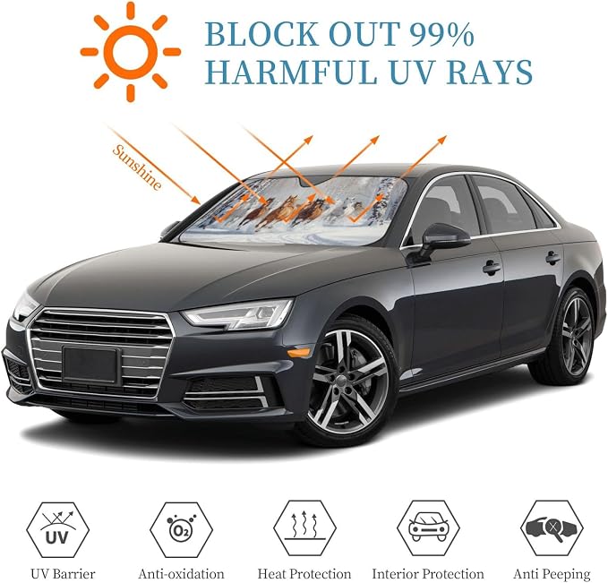 Windshield Sun Shade Horses Snow Winter Car Front Window Sunshade Cover for Truck SUV Blocks UV Rays Automotive Visor Interior Protector 55 x 30 inch