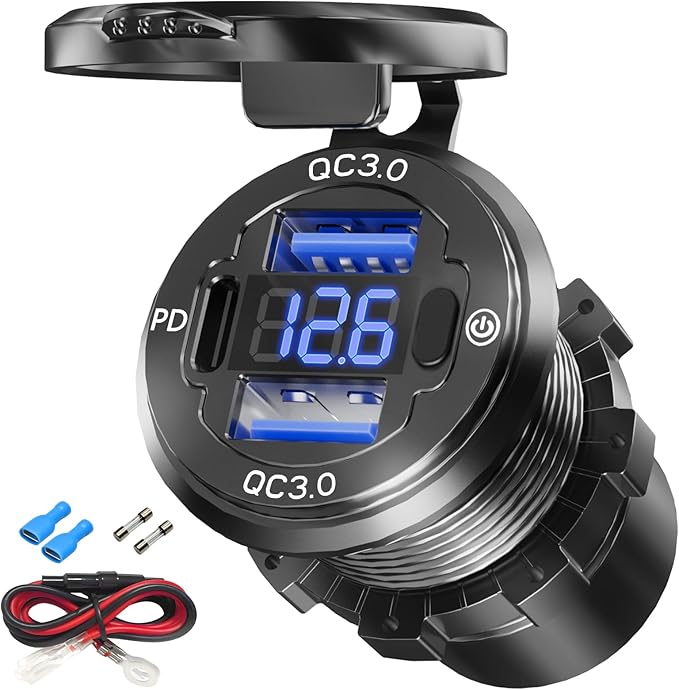 12V USB Outlet, Aluminum Alloy Dual 18W QC3.0 Ports & 36W PD USB Charging Port 12 Volt Outlet Charger Socket, Accessories for Car Boat Marine Motorcycle RV ATV Truck Golf Cart, etc