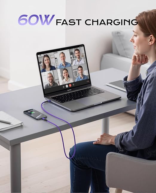 USB C to C Cable Fast Charging [2 Pack 6FT], USB C to USB C Cable for CarPlay, Durable Braided USB Type C iPhone Charger USBC Cord for iPhone 17/16/15/Pro Max/Plus, Samsung Galaxy S23 and More-Purple