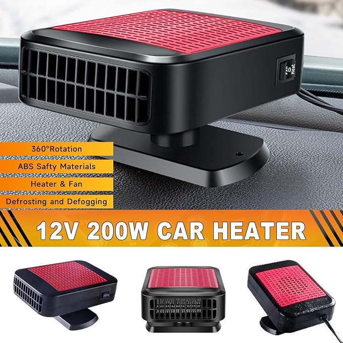 Portable Car Heater & Defroster – 12V 200W Fast Heating and Cooling Fan | Plug In Cigarette Lighter Windshield Defogger,with 360° Rotatable Portable Car Heaters for Vehicle, Car, SUV & RV