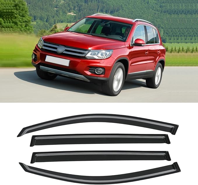 Window Visor for Volkswagen VW Tiguan 2009-2017, Out-Channel Rain Guards Shields Vent Deflector Shade Wind Dark Smoke for 09-17 Tiguan, Tape-On Outside-Mount, 4PCS