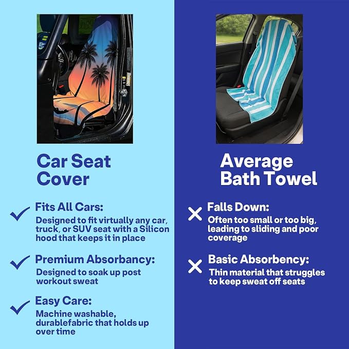 2 Pack Car Seat Towel Covers, Sweat Protector for Front Seats, Premium Thickened Microfiber with Elastic Strap, Breathable Quick Dry, Machine Washable Cover for Gym Running Universal Fit Sunset Beach