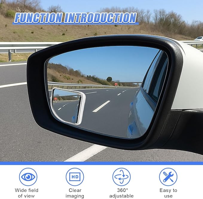 2PCS Car Fan Shaped Blind Spot Mirrors, HD Glass Wide Angle Car Side Mirrors with Housing, Self-Adhesive Adjustable Convex Rearview Mirror, Vehicle Parking Safety Accessories (Silver)