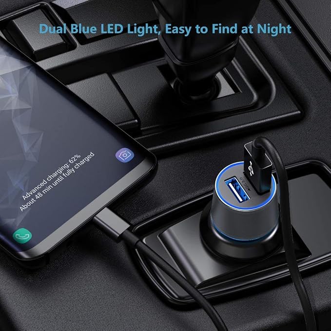 Fast USB Car Charger for Samsung Galaxy A56/A55/A54/A53/A50/A17/A16/A15/A14/S26/S25/S24/S23/S22/S21 Plus/Ultra/Note 20/A21/A31/A51 Quick Charge 3.0 Dual USB Rapid Car Charger with Type C Cable 3.3ft