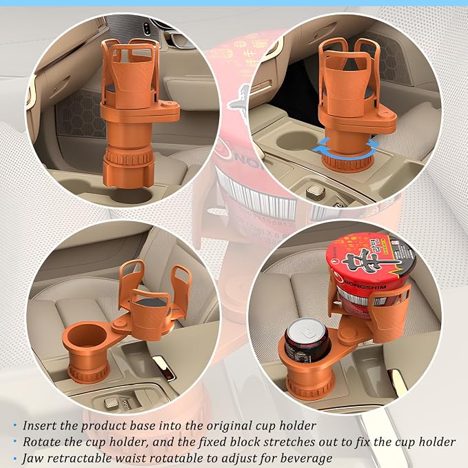 2 in 1 Car Cup Holder Expander, Multifunctional 360° Rotating Vehicle Cup Holder Adapter with Adjustable Base, Auto Interior Drinks Bottles Expander, Universal for Sedan RV Truck