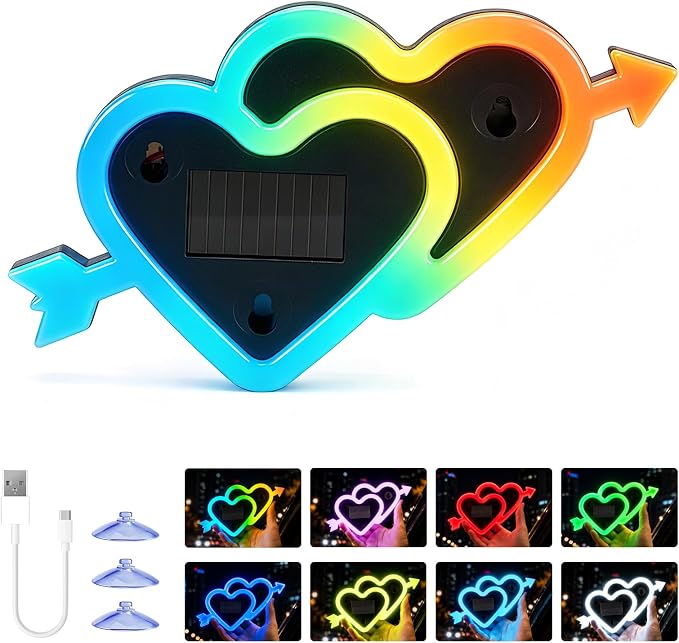 Solar Heart Car Window Light LED Heart-Shaped Ambient Lights 8 Modes 1PC | USB + Solar Assist Power, Color Changing 8 Modes Cupid's Heart-shaped Lights, Rainbow Window Decorative Suction Cup Install