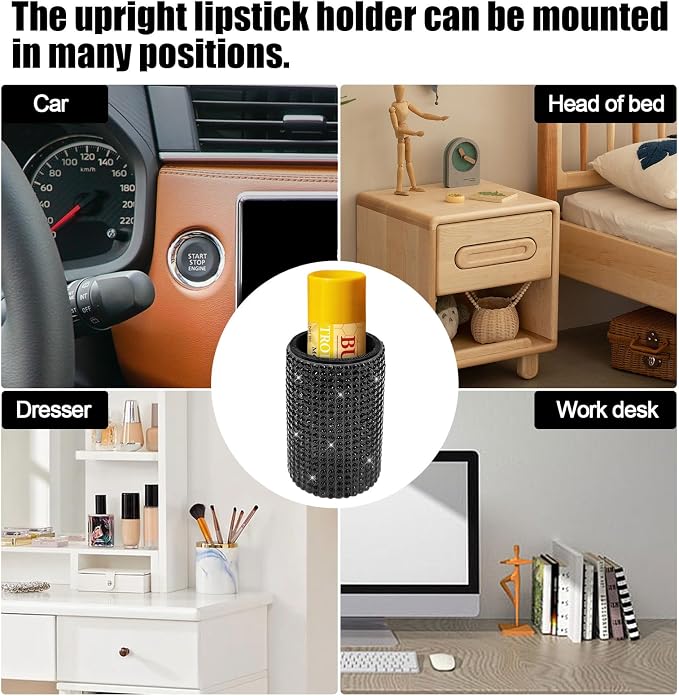 Upright Car Chapstick Holder, Bling Insulating Lip Balm Holder,Rhinestone Car Accessories for Women Interior,Suitable for Most Vehicles. (Black)