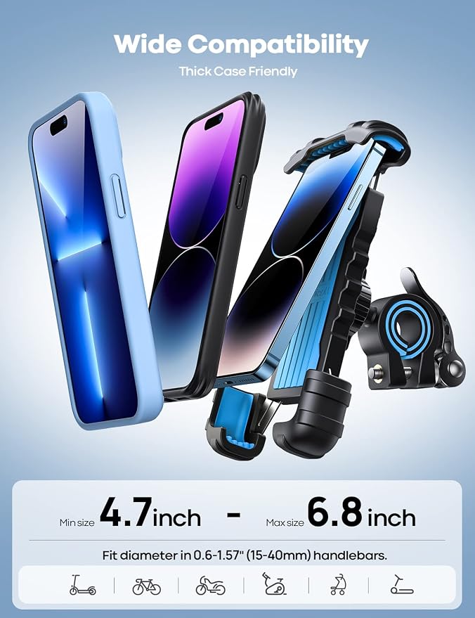 Bike Phone Holder, Motorcycle Phone Mount - Motorcycle Handlebar Cell Phone Clamp, Scooter Phone Clip for iPhone 14 Plus/Pro Max, 13 Pro Max, S9, S10 and More 4.7" - 6.8" Smartphones, Blue