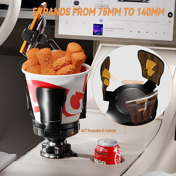 Cup Holder Expander with Phone Mount for Car, 2-in-1 Adjustable Cup Holder Fits Large Bottles, Tumblers & Fast Food Drinks, Universal Phone Mount 360° Rotating Arm for 4.7–7" Phones