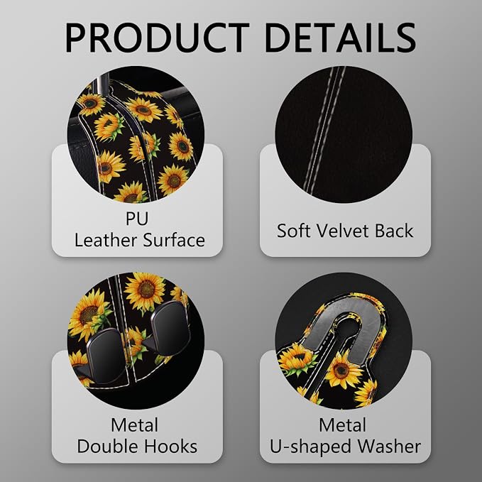 2PCS Car Seat Back Storage Headrest Hooks, Sunflower Purse Holder Bags Hanger, PU Leather Double Metal Hook for Backseat Organizer, Women Car Accessories Organization