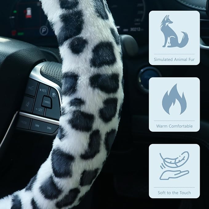 Plush Leopard Cheetah Steering Wheel Cover, 15 Inch Universal Fit, Soft Warm Winter Cover with Non-Slip Grip, Heat & Cold Protection Easy Install Fuzzy Cover for Car SUV Truck (Black White)