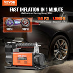12V Portable Tire Inflator, 7.06CFM Heavy Duty Air Compressor, 150PSI Offroad Air Pump with Adapters for Car SUV RV Truck - Include 6.5FT Power Cord, 26FT Air Hose with Pressure Gauge, Carry Bag