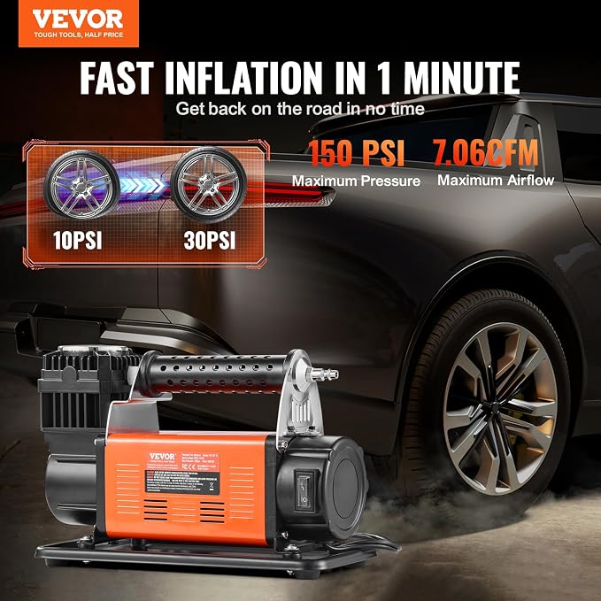 12V Heavy Duty Air Compressor - with Digital Pressure Gauge Tire Inflator Kit, 7.06 CFM Portable Tire Inflator, 150PSI Offroad Air Pump with Adapters for Trucks Car SUV 4 x 4 Vehicle RV