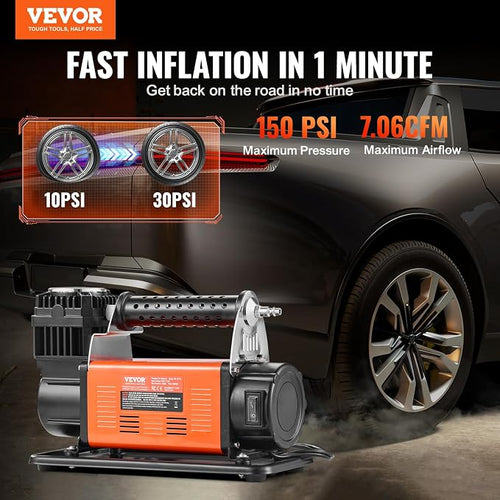 12V Heavy Duty Air Compressor - with Digital Pressure Gauge Tire Inflator Kit, 7.06 CFM Portable Tire Inflator, 150PSI Offroad Air Pump with Adapters for Trucks Car SUV 4 x 4 Vehicle RV