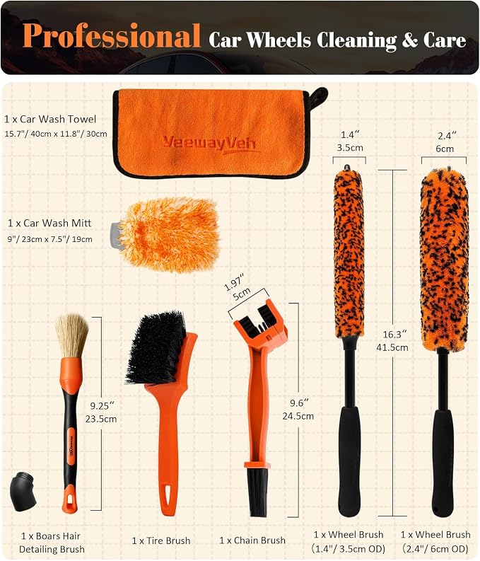 7PCS Motorcycle Cleaning Kit with 2-Size Bendable Wheel Brushes-Hard Reach Brush,Tire and Chain Brush, Boar Hair Detailing Brush, Wash Mitt & Microfiber Towel for Dirt Bike & Car Wheels