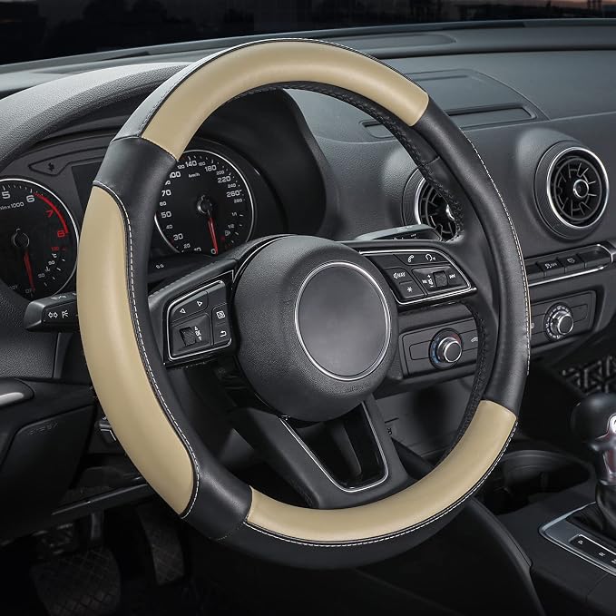 Car Steering Wheel Cover for Medium Standard Size Steering Wheels with 14 1/2-15 inches Outer Diameter, Black and Beige Microfiber Leather