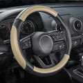 Car Steering Wheel Cover for Medium Standard Size Steering Wheels with 14 1/2-15 inches Outer Diameter, Black and Beige Microfiber Leather