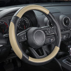 Car Steering Wheel Cover for Medium Standard Size Steering Wheels with 14 1/2-15 inches Outer Diameter, Black and Beige Microfiber Leather