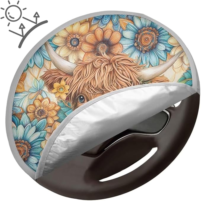 Boho Car Steering Wheel Sunshade Protector, Heat-Resist Cloth Steering Wheel Cover for Most of Car SUV Truck Van, Highland Cow