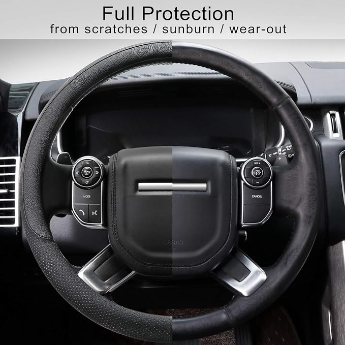 Breathable Car Steering Wheel Cover 16 inch Auto Universal Leather Wrap Non-Slip Steeringwheel Protector Automotive Interior Accessories, Black (Suit for 15 1/2-16 inch)