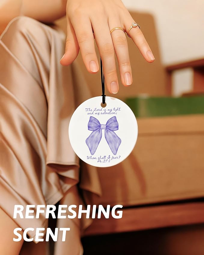 Purple Christian Round Car Air Freshener 4 Pcs, Coquette Pouple Bow Religious Hanging Air Freshener for Cars Closet Drawer Books, Christian Girly Car Accessories Mirror Decor for Women
