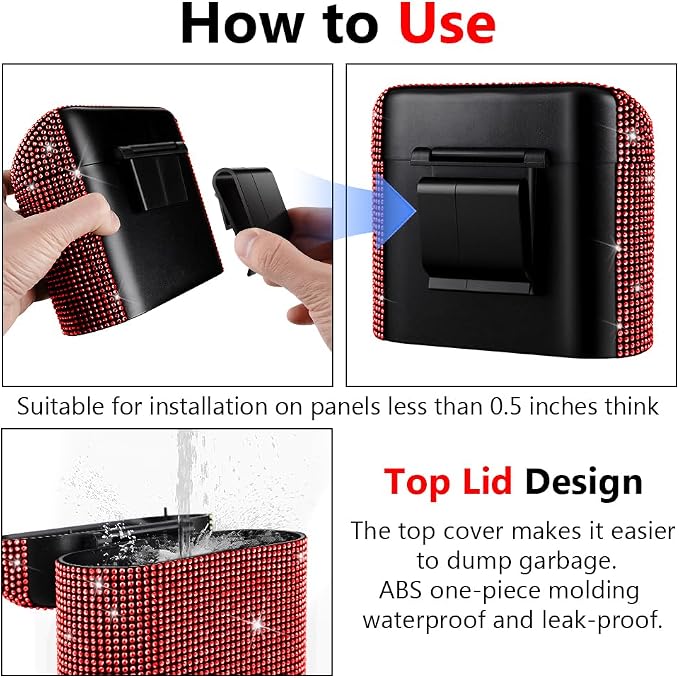 Car Trash Can with Lid, Bling Crystal Mini Vehicle Trash Bin Car Dustbin Garbage Organizer, Automotive Garbage Can Bin Trash Container for Auto Cars, Home, Office - Red …
