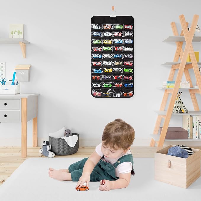 Hanging Organizers for Toy Car Double Sided 80 Pockets Display Case for Toy Cars (Without Toy Cars) (80 Slots Black)