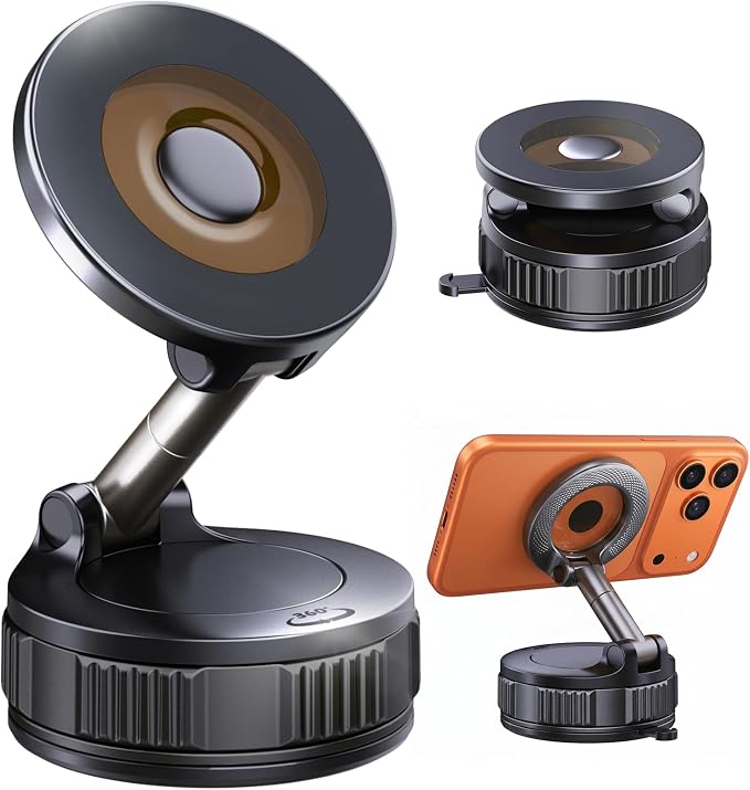 Magnetic Car Phone Mount for MagSafe, 360° Suction Cup Holder | 98lb Vacuum Suction, N55 Magnets, Twist-Lock Nano Gel Cup, Dual-Axis Arm, Foldable Pocket Size, Adjustable, iPhone 12–17