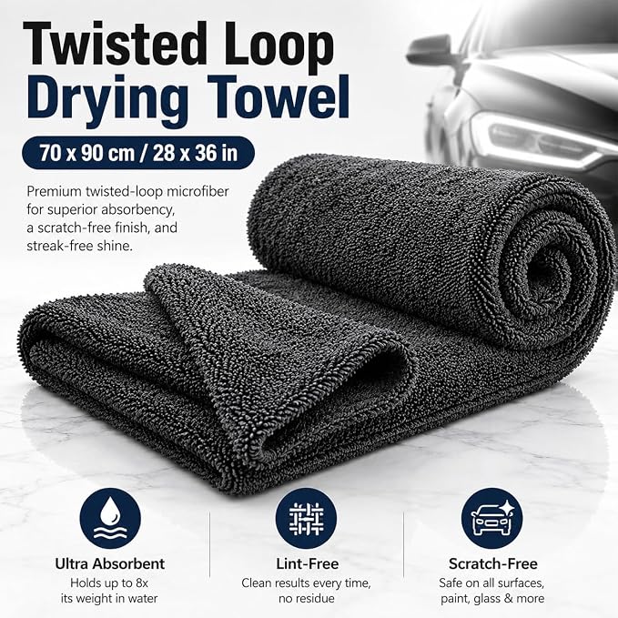Twisted Loop Car Drying Towel, 28 x 36 in Extra Large Microfiber Auto Detailing Towel, Ultra Absorbent Lint-Free Scratch-Free Car Wash Towel for Paint, Glass, Mirrors & Trim