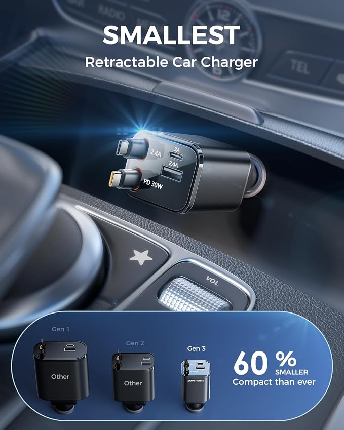 Retractable USB C Car Charger, Phone 16 Car Charger Fast Charging with Dual Type C Cable, Car Accessories Small USBC Car Adapter