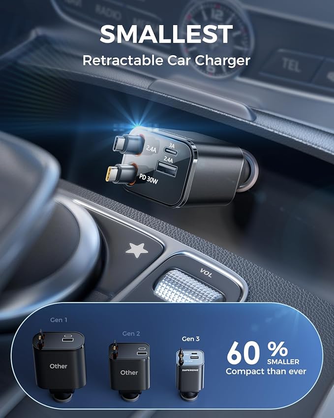 Retractable Car Charger, 69W Car Charger USB C Fast Charging with Dual Type C Cables, Car Accessories Charger Adapter Compatible with iPhone 17/16/15/14/13/12 Series, iPad, Galaxy, Pixel