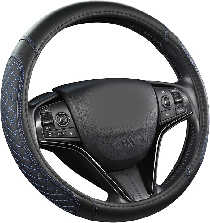 Customized Auto Car Steering Wheel Cover for Honda Civic, CR-Z, Insight, S2000, 14" - 14.25" (Diamond Quilted-Black+Blue-Small Size)