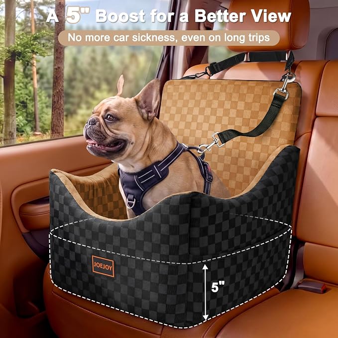 Elevated Dog Car Seat for Small/Medium Dogs up to 35 lbs, Memory Foam Booster Seat with Detachable Washable Cover, Travel-Safe Car Bed with Safety Belts & Storage Pockets, Brown