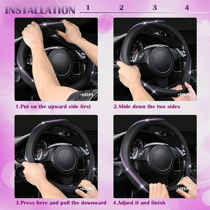 Bling Diamond Black Leather Steering Wheel Cover, Studded Crystal Rhinestones Universal Fit 14" 1/2-15" Glitter for Women Sparkle Girl Fit Suvs,Vans,Sedans,Car,Trucks, Purple Diamond