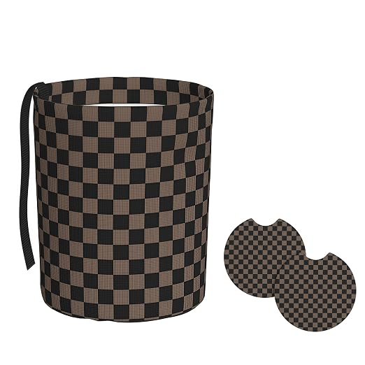Car Trash Can Set with 2 Cup Coasters, Chessboard Brown Waterproof Hanging | 3-in-1 Set: Hanging Car Trash Bag + 2 Cup Coasters. Chessboard Brown, Waterproof & Leakproof, Universal Fit