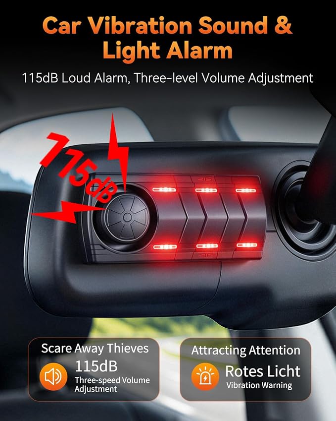 Upgraded 115dB Car Alarm System, Anti-Theft Vibration Sensor Alarm with Ultra-Bright Red Warning Light, Wireless Remote Anti Theft Vehicle Device, for Car, RV, SUV, Truck.