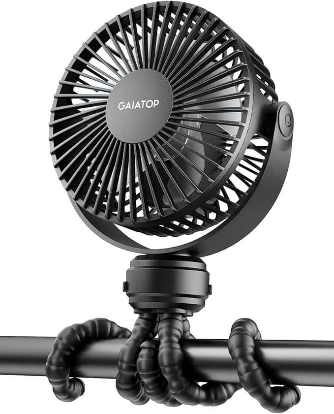 Mini Portable Stroller Fan, Battery Operated Small Clip on, Detachable 3 Speed Rechargeable, 360° Rotate Flexible Tripod Better Cooling for Car Seat Crib Treadmill Travel Black