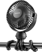 Mini Portable Stroller Fan, Battery Operated Small Clip on, Detachable 3 Speed Rechargeable, 360° Rotate Flexible Tripod Better Cooling for Car Seat Crib Treadmill Travel Black