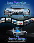 12'' Rearview Mirror Camera for Cars, 360 Degree View 4 Channel Cam, 1080Px4 Rear View Mirror Cam, IR Night Vision for Left and Right Inside Car Camera, GPS, WiFi/APP Control + 64GB Card