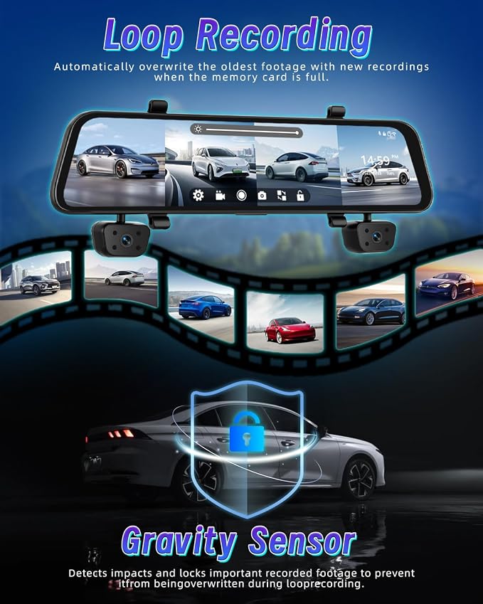 12'' Rearview Mirror Camera for Cars, 360 Degree View 4 Channel Cam, 1080Px4 Rear View Mirror Cam, IR Night Vision for Left and Right Inside Car Camera, GPS, WiFi/APP Control + 64GB Card