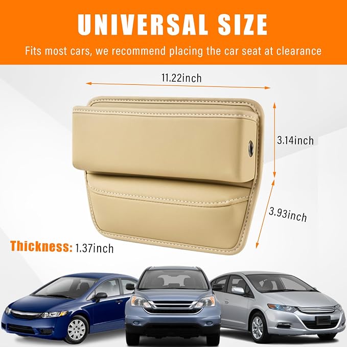 Car Seat Gap Organizer, Premium Leather Auto Seat Storage Box, Vehicle Adjustable Front Seat Gap Filler, Car Seat Side Pocket Organizer for Phones, Glasses, Keys, Money, Cards (Beige)