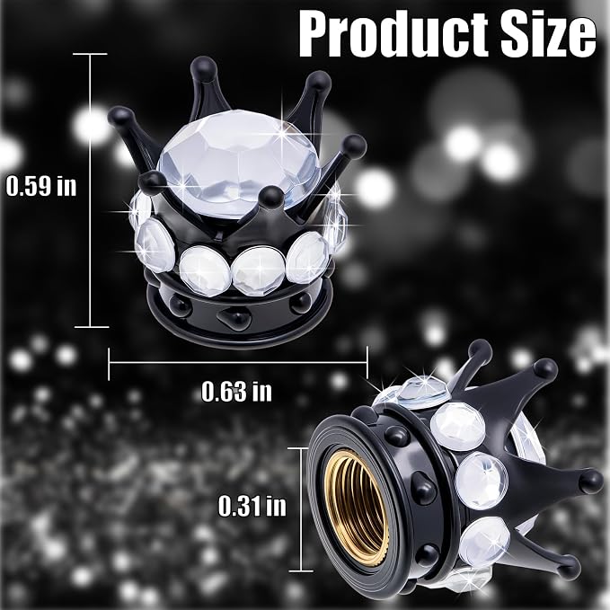 4PCS Crown Bling Tire Stem Valve Caps, Crystal Diamond Car Wheel Tire Valve Caps Universal Copper Core Stem Covers for Cars, SUV, Trucks, Bikes, Motorcycles, Bicycles (Black & Silver)
