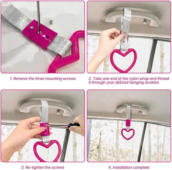 2 Pcs Heart Shaped Car Handle Strap – JD M Drift Charm Rear Bumper Warning Ring Decor for Car Interior Exterior, Subway Bus Handle Accessory, Cute Heart Car Decor Gift for Drivers (Hot Pink-Silver)