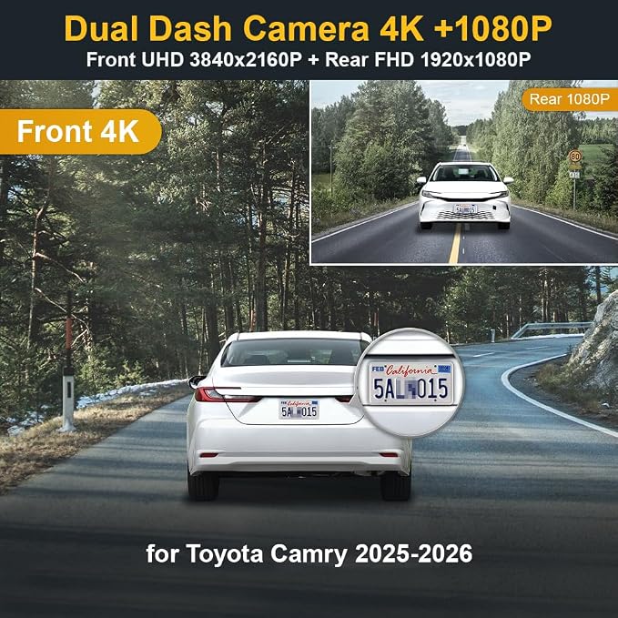 Front 4K+Rear 1080P Dash Cam Adapts for Toyota Camry 2025-2026 Hybrid (HD2-06090), Integrated OEM Look, 2 Way HD Video, Built-in WiFi & APP, Loop Recording, G-Sensor, Easy to Use, 128GB Card