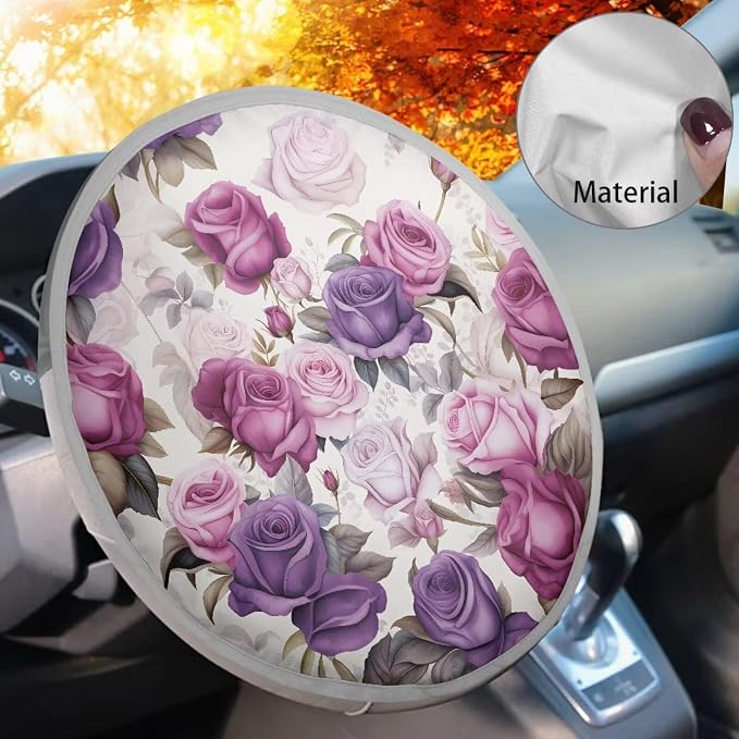 Car Steering Wheel Sun Shade Cover Anti Heat Steering Wheel Cover 17 Inch Vehicle Steering Wheel Sunshade for SUV Vehicle Sedan Truck Purple Rose Car Accessories for Women