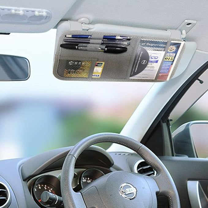Car Sun Visor Organizer, Auto Visor Holder Interior Accessories Pocket Organizer - Car Registration Holder Document Storage Pouch Pen holder - Grey