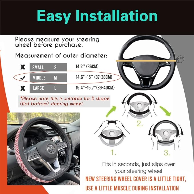 D Shaped Bling Comfy Steering Wheel Cover with Jumbo Crystal Rhinestones, Anti-Slip Diamond Leather, Flat Bottom 14.5-15 Inch (Red)