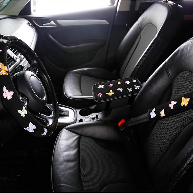 Embroidery Cute Steering Wheel Cover Butterfly Decor+Center Console Cover+Belt Cover,Anti-Slip,Sweat Absorption,3pcs